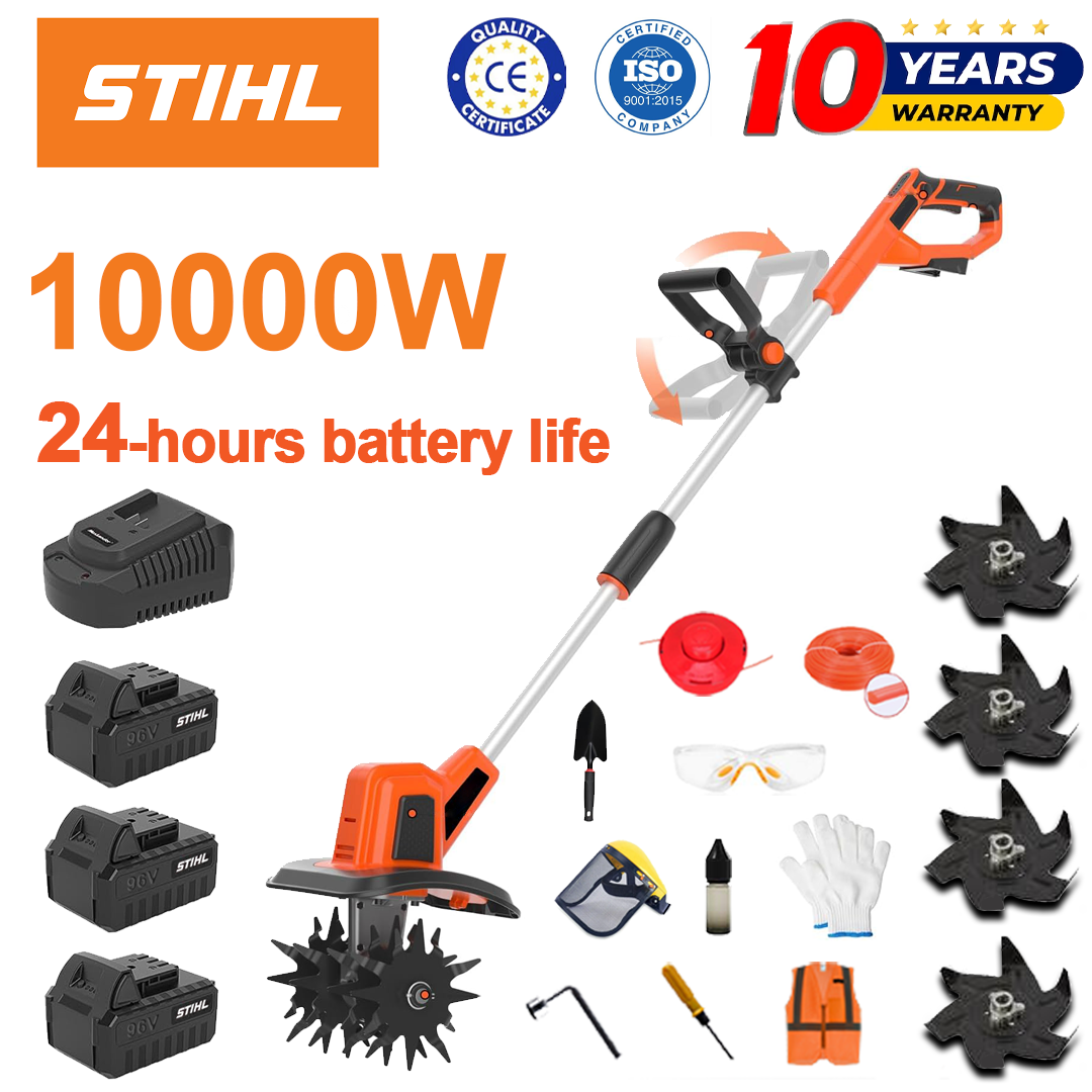 (Výdrž baterie 24 hodin) Pluh 10 000 W + lithiová baterie 96 V * 3 ks + rychlonabíječka * 1 ks + lopata * 1 ks + radlice na zpracování půdy * 4 ks + řezací kotouč * 1 ks + řezací lano * 1 ks + různé příslušenství