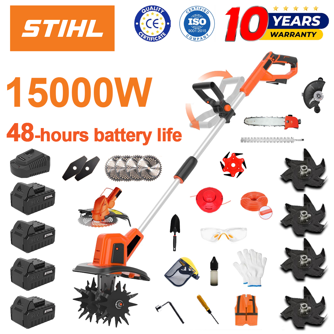 (Výdrž baterie 48 hodin) Pluh 15 000 W + lithiová baterie 96 V * 4 + řezací hlava * 1 + pila * 1 + hlava nůžků na živý plot * 1 + rychlonabíječka * 1 + lopata * 1 + rovný nůž * 2 + nůž pluhu * 4 + pilový kotouč z lehkých slitin * 1 + řezací nůž * 1 + řezací lano * 1 + různé příslušenství