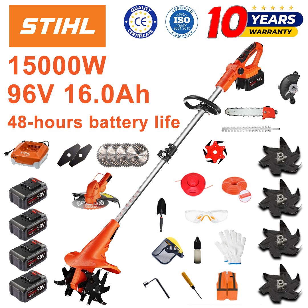 (Výdrž baterie 48 hodin) 15000W pluh + 96V 16,0Ah lithiová baterie * 4 + stříhací hlava * 1 + pila * 1 + hlava nůžek na živý plot * 1 + rychlonabíječka * 1 + lopata * 1 + rovný nůž * 2 + list pluhu * 4 + pilový list ze slitiny * 1 + řezací lano * 1 + různé příslušenství pro řezání