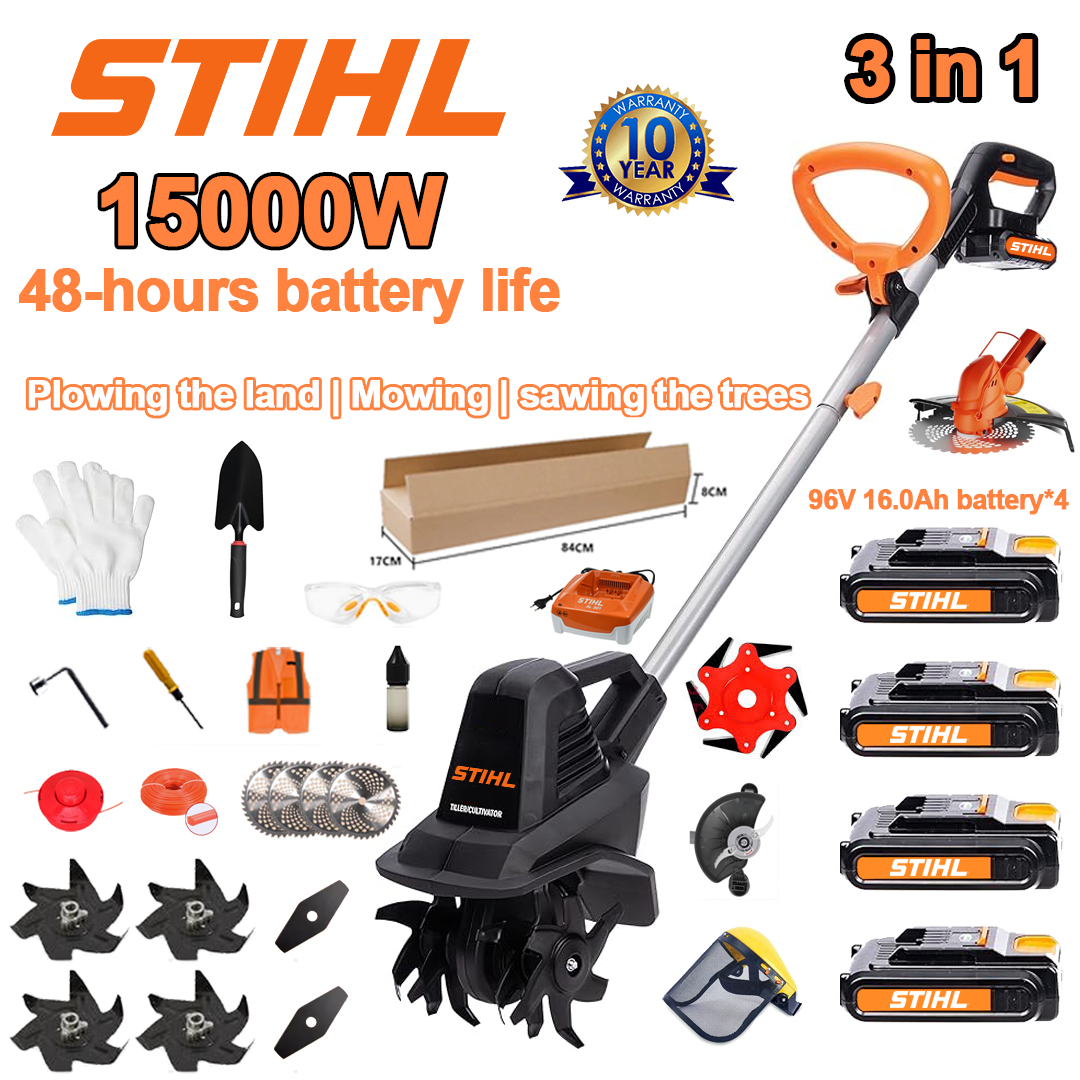 (Výdrž baterie 48 hodin) Pluh 15000 W + lithiová baterie 96 V 16,0 Ah * 4 + řezná hlava * 1 + pila * 1 + hlava nůžků na živý plot * 1 + rychlonabíječka * 1 + lopata * 1 + rovný nůž * 2 + nůž pluhu * 4 + pilový kotouč z lehkých slitin * 1 + řezný nůž * 1 + řezací lano * 1 + různé příslušenství