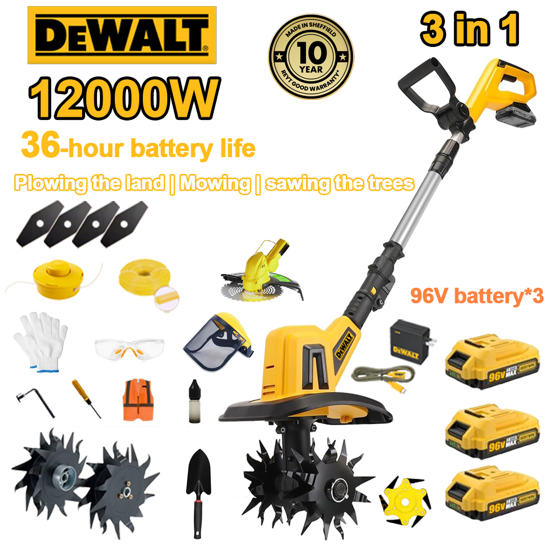 (výdrž baterie 36 hodin) 12000W pluh+96V lithiová baterie*3+rychlonabíječka*1+lopata*1+rovná hlava nože*4+hlava sekačky na trávu*1+pluhový nůž*4+slitinový pilový kotouč*1+struna sekačky*1+řada sekačky*1+různé příslušenství