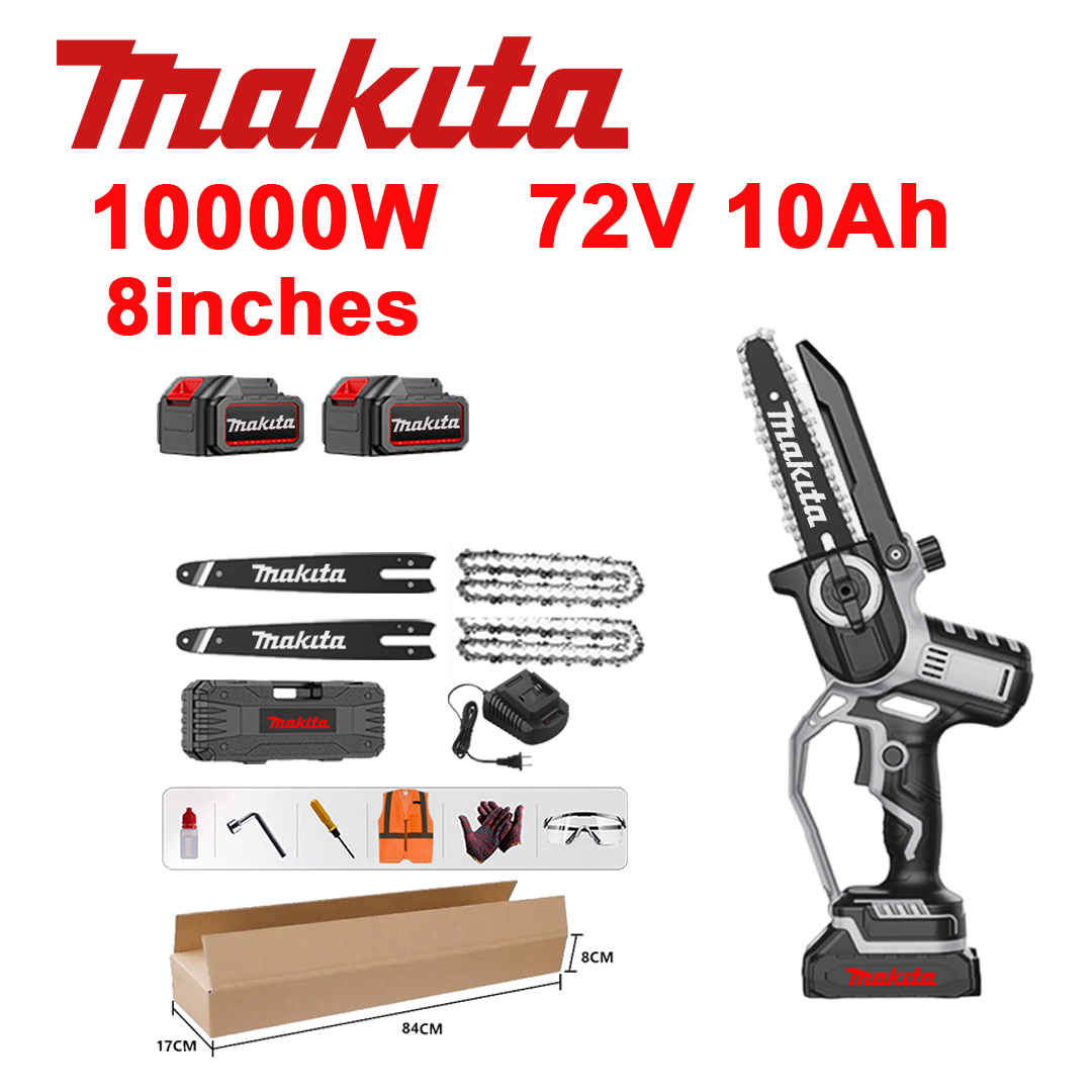 10palcová bezkartáčová lithium-iontová pila, výkon 10 000 W, baterie 72 V 10,0 Ah*2, nabíječka, vodicí lišta*2, řetěz*2, box na nářadí, mazací olej a ochranné brýle, záruka 5 let