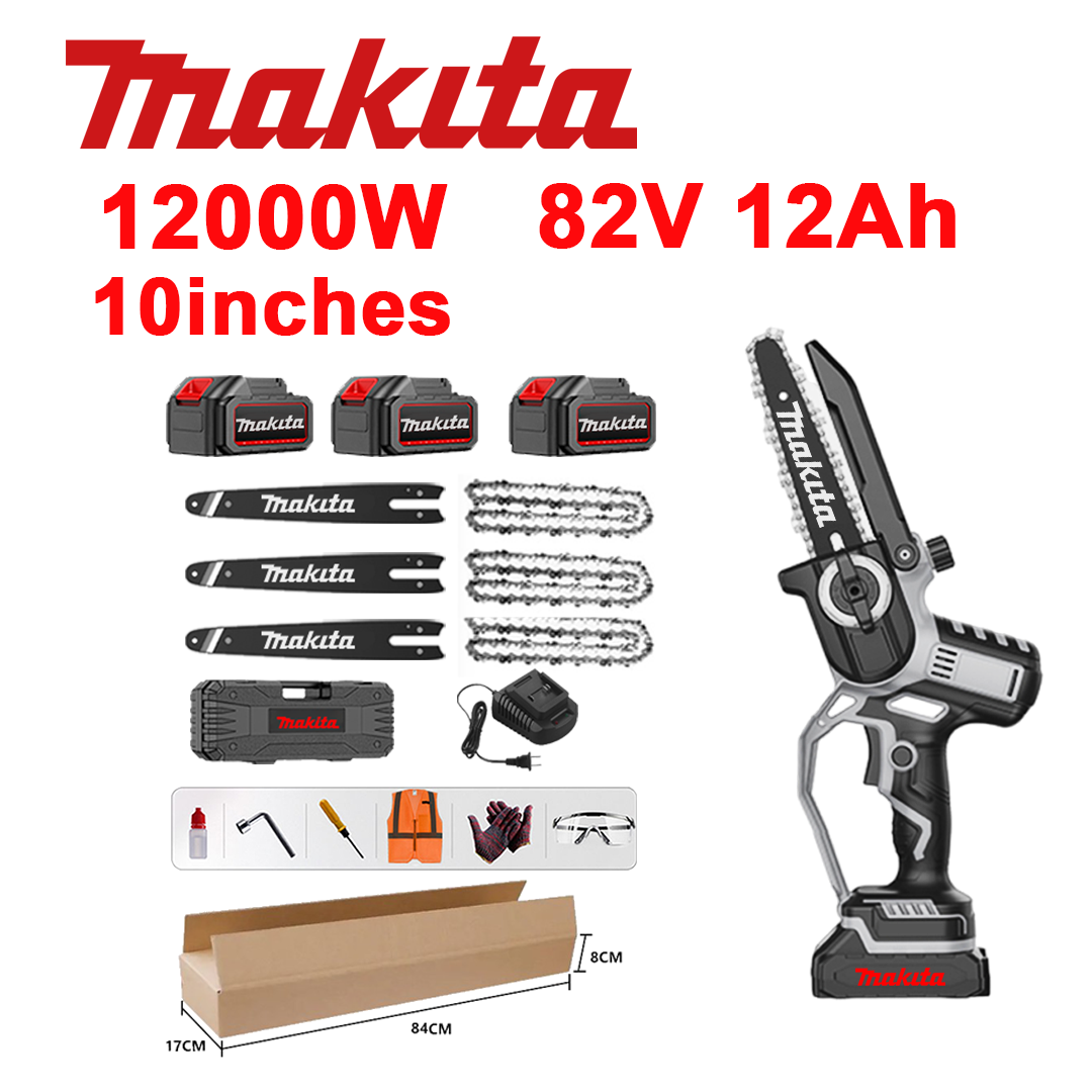 10palcová bezkartáčová lithium-iontová pila, výkon 12 000 W, baterie 82 V 12,0 Ah*3, nabíječka, vodicí lišta*3, řetěz*3, box na nářadí, mazací olej a ochranné brýle, záruka 5 let