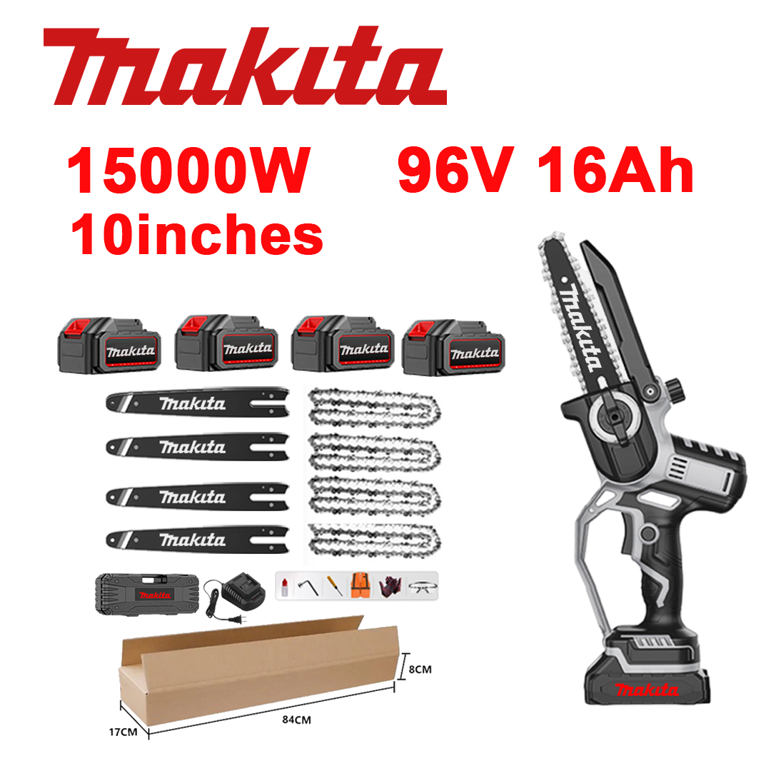 10palcová bezkartáčová lithium-iontová pila, výkon 15 000W, baterie 96V 16,0Ah*4, nabíječka, vodicí lišta*4, řetěz*4, box na nářadí, mazací olej a ochranné brýle, záruka 5 let