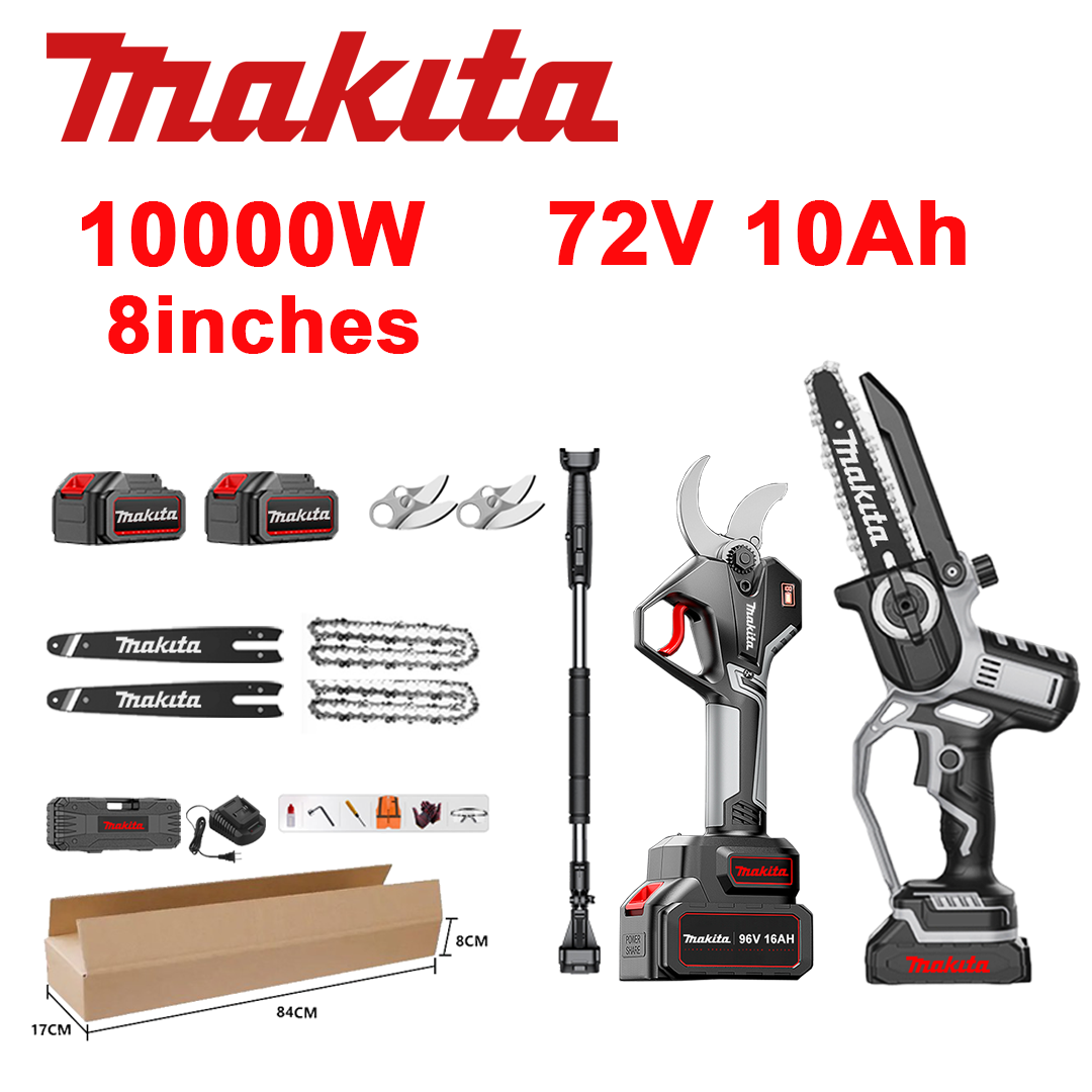 LED indikátor napájení (životnost baterie: 10 hodin). 8palcová 10 000W lithium-iontová pila + zahradní nůžky + baterie 72V 10,0Ah*2 + nabíječka + vodítka *2 + řetězy *2 + čepele ze slitiny SK9 *2 + teleskopická tyč *1 (teleskopická 150cm-450cm) + box na nářadí + 0 bezpečnostních olejů.