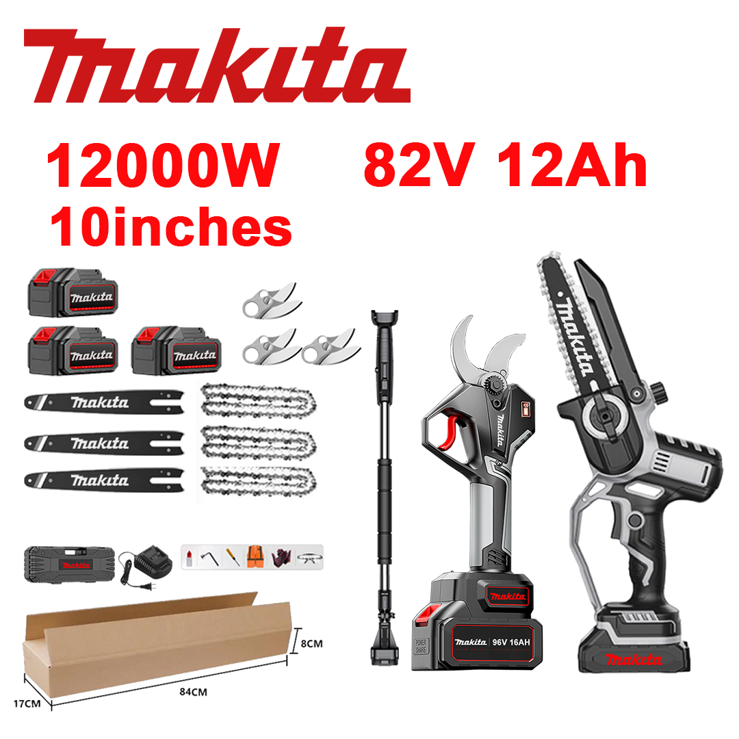 LED indikátor napětí (životnost baterie: 18 hodin). 10palcová 12000W lithium-iontová pila + zahradní nůžky + baterie 82V 12,0Ah*3 + nabíječka + lišty*3 + řetězy*3 + čepele ze slitiny SK9*3 + teleskopická lišta*1 (teleskopická od 150 cm do 450 cm) + nástroj na ochranu oleje + 1.