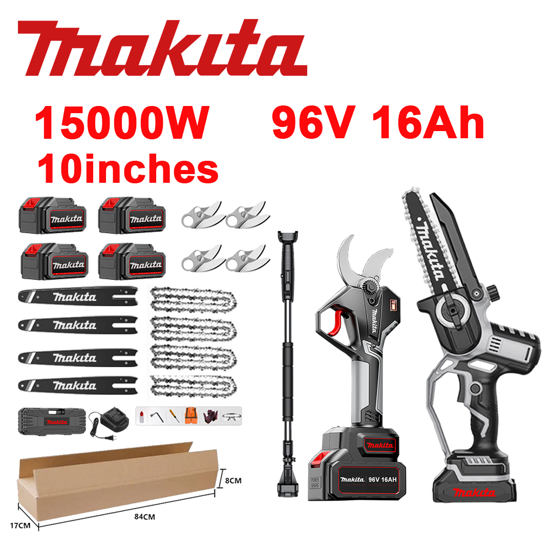 LED indikátor napětí (životnost baterie: 36 hodin). 10palcová 15 000W lithium-iontová pila + zahradnické nůžky + baterie 96V 16,0Ah*4 + nabíječka + vodítka *4 + řetězy *4 + čepele ze slitiny SK9 *4 + teleskopická tyč *1 (vysouvá ze 150 cm na 450 cm) + 1 bezpečnostní nástroj.