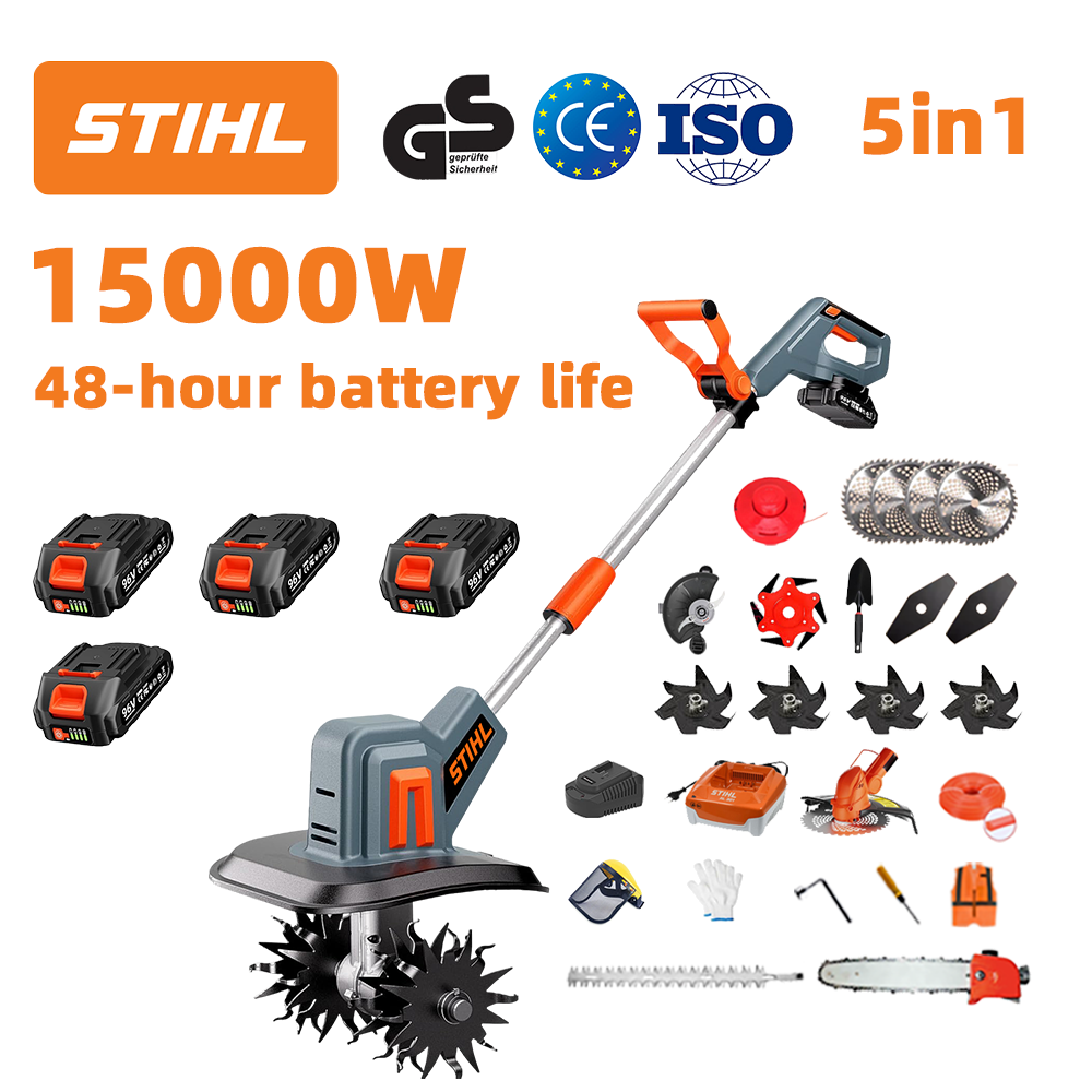 (Výdrž baterie: 48 hodin) Pluh 15 000 W + lithiová baterie 96 V * 4 + řezací hlava * 1 + pila * 1 + hlava nůžků na živý plot * 1 + rychlonabíječka * 1 + lopata * 1 + rovný nůž * 2 + nůž pluhu * 4 + pilový kotouč z lehkých slitin * 1 + řezací nůž * 1 + řezací lano * 1 + různé příslušenství