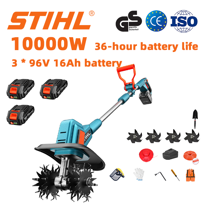 (Výdrž baterie 36 hodin) Pluh 10 000 W + lithiová baterie 96 V 16 Ah * 3 ks + rychlonabíječka * 1 ks + lopata * 1 ks + radlice pluhu * 4 ks + řezací lano * 1 ks + různé příslušenství