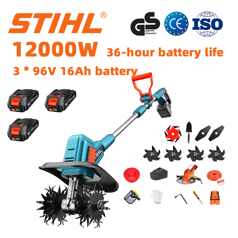 (Výdrž baterie 36 hodin) Pluh 12000 W + lithiová baterie 96 V 16 Ah * 3 + rychlonabíječka * 1 + lopata * 1 + rovná čepel * 2 + pluhová čepel * 4 + pilový kotouč z lehkých slitin * 1 + řezací čepel * 1 + řezací lano * 1 + různé příslušenství