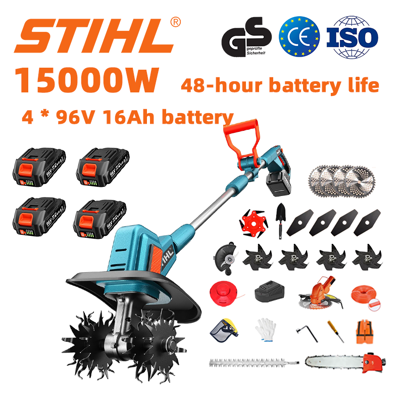 (Výdrž baterie 48 hodin) Pluh 15000 W + lithiová baterie 96 V 16 Ah * 4 ks + nůž * 4 ks + pila * 1 ks + hlava nůžky na živý plot * 1 ks + rychlonabíječka * 1 ks + lopata * 1 ks + rovný nůž * 4 ks + nůž pluhu * 4 ks + pilový kotouč z lehkých slitin * 1 ks + žací nůž * 1 ks + řezací lano * 1 ks + různé příslušenství