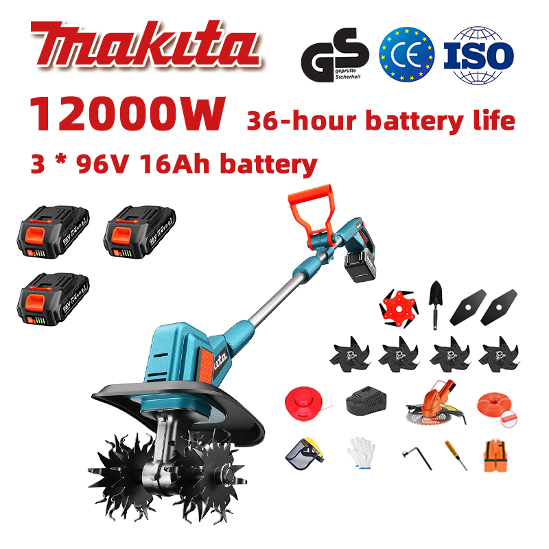 (Výdrž baterie 36 hodin) Pluh 12000 W + lithiová baterie 96 V 16 Ah * 3 + rychlonabíječka * 1 + lopata * 1 + rovná čepel * 2 + pluhová čepel * 4 + pilový kotouč z lehkých slitin * 1 + řezací čepel * 1 + řezací lano * 1 + různé příslušenství