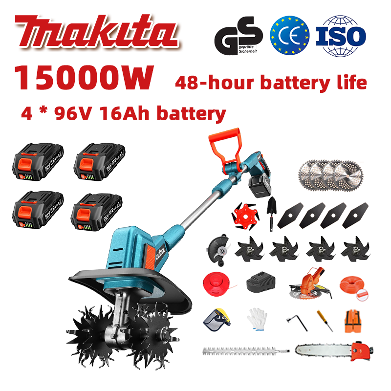 (Výdrž baterie 48 hodin) Pluh 15000 W + lithiová baterie 96 V 16 Ah * 4 ks + nůž * 4 ks + pila * 1 ks + hlava nůžky na živý plot * 1 ks + rychlonabíječka * 1 ks + lopata * 1 ks + rovný nůž * 4 ks + nůž pluhu * 4 ks + pilový kotouč z lehkých slitin * 1 ks + žací nůž * 1 ks + řezací lano * 1 ks + různé příslušenství